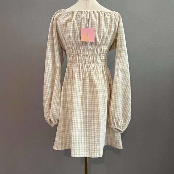 LEYDEN Smocked Boho Mini Peasant Prairie Beige & White Plaid Dress - NWT - L - Picture 7 of 16